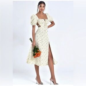 Miss Circle Ditsy Floral Linen Cotton Midi Open Back Dress Medium Cottagecore